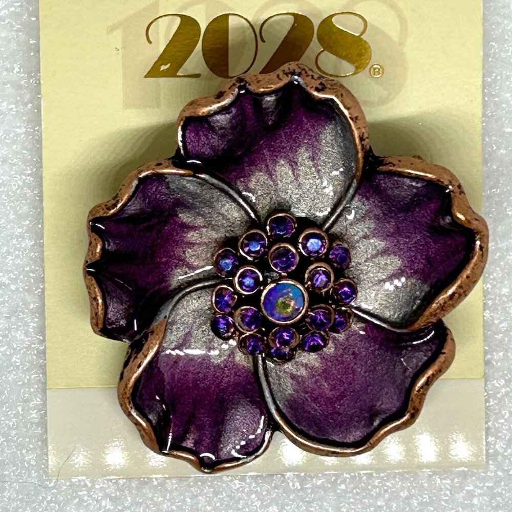1928 2028 Purple Enamel Floral Pansy Brooch w Rhinestone Accents NWT